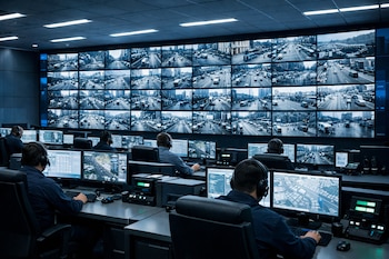 Interior de un Centro de Monitoreo C4 moderno con varios operadores sentados de espaldas, monitoreando escritorios y una gran pared de pantallas con imágenes de tráfico.