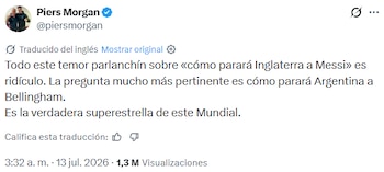 Captura de pantalla de un tuit de Piers Morgan con su perfil, una traducción de texto sobre Lionel Messi y Jude Bellingham, fecha y visualizaciones