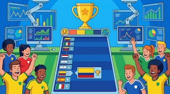 Ilustración animada con un trofeo central y pantallas mostrando gráficos. Abajo, afición feliz alrededor de un marcador con banderas de países y Colombia en el 7.