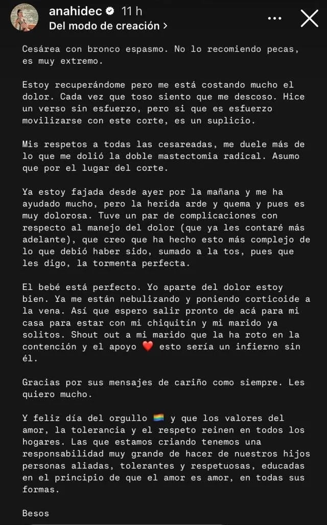 Anahí de Cárdenas reveló a sus seguidores todo el proceso que siguió luego de la cesárea de emergencia que tuvo.