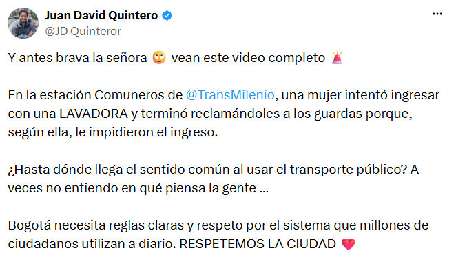 Juan David Quintero Rubio cuestionó a la mujer y pidió respetar las normas de uso de TransMilenio. - crédito @JD_Quinteror/X