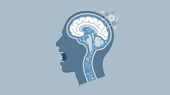 Ilustración de perfil de una cabeza humana en tonos azules con la boca abierta en un bostezo, mostrando un cerebro blanco y un flujo de líquido azul con iconos.