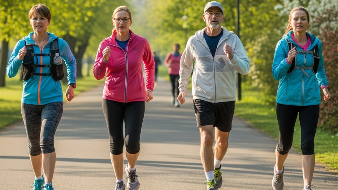 Cuatro adultos mayores de 40 años realizan ejercicio intenso, como caminar o trotar vigorosamente, en un camino arbolado y soleado de un parque, promoviendo un estilo de vida activo. (Imagen Ilustrativa Infobae)
