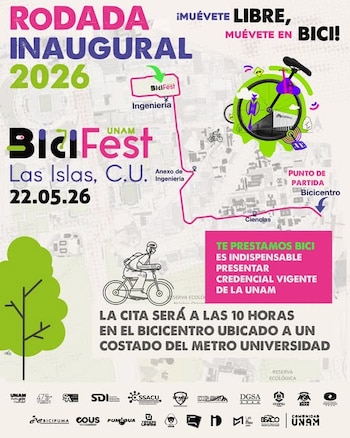 Póster gráfico del BiciFest de la UNAM con un mapa de ruta en C.U., fecha 22.05.26, un ciclista dibujado y logos de patrocinadores