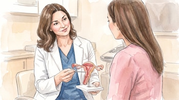 Doctora con bata blanca y uniforme azul explica sistema reproductor femenino con modelo a paciente de espaldas en consultorio médico. Máquina de ultrasonido.
