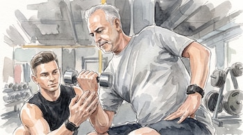 Ilustración en acuarela de un hombre mayor que levanta una mancuerna mientras un entrenador observa su postura en un gimnasio.