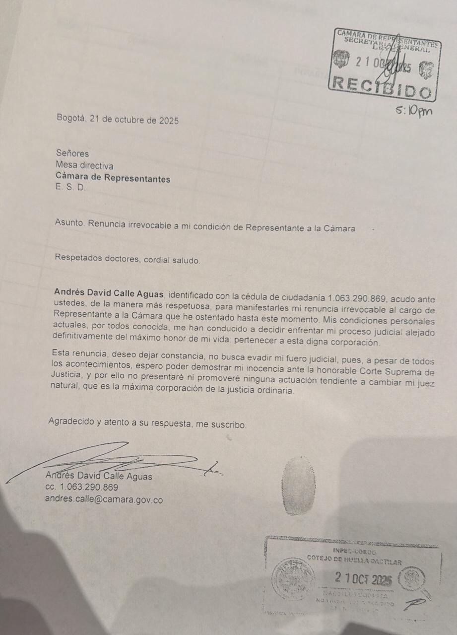 El expresidente de la Cámara Andrés Calle presentó su renuncia tras verse involucrado en el caso de corrupción de la Ungrd - crédito X