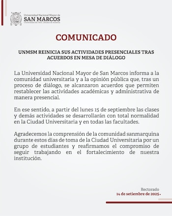 La UNMSM anuncia reinicio de