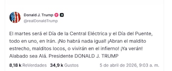 El mensaje publicado por Trump en su cuenta de Truth Social