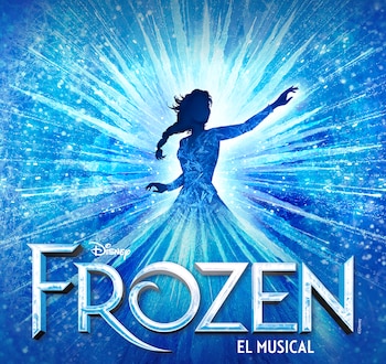 Silueta de una mujer con vestido largo rodeada de destellos celestes sobre el texto Disney Frozen El Musical