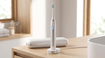 Un cepillo de dientes eléctrico blanco con cabezal de cerdas verdes y botón azul, en una base de carga con cable, junto a un estuche blanco sobre una superficie de madera.