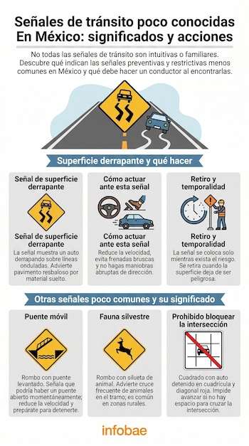Infografía de señales de tránsito poco comunes en México. Muestra un auto derrapando y varias señales preventivas y restrictivas como puente móvil y fauna silvestre.