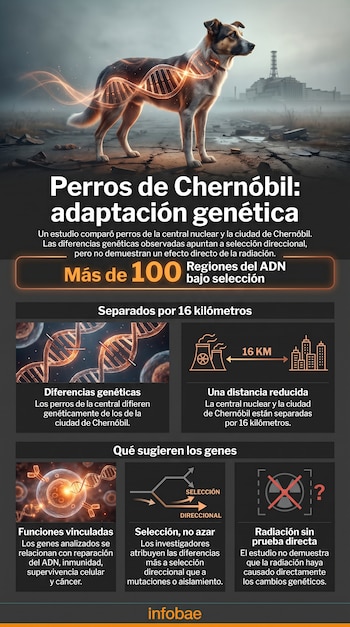 Infografía con un perro frente a una central nuclear, diagramas de cadenas de ADN, gráficos explicativos, cifras y bloques de texto informativo.