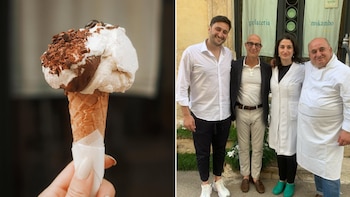 Los dueños de Mokambo junto a Stanley Tucci (Montaje Infobae, @mokambogelateria)