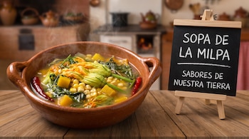 Cazuela de barro con sopa de verduras y flores de calabaza junto a una pizarra sobre una mesa de madera en una cocina rústica.