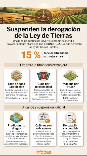 Infografía con un campo cultivado en la parte superior, títulos sobre la Ley de Tierras, el porcentaje de quince por ciento y seis cuadros con íconos.