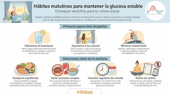 Infografía con ilustraciones: mujer estirándose, vaso agua, ventana, plato comida, alimentos prohibidos, reloj, calendario, mujer meditando, lista, teléfono.