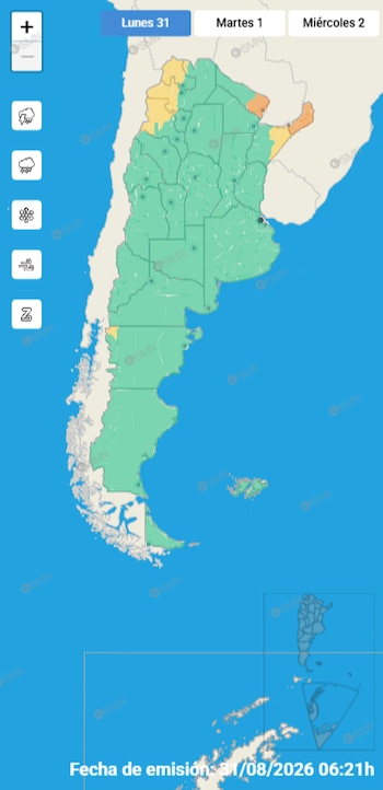 Mapa de Argentina con zonas de color verde, amarillo y naranja, botones de funciones climáticas a la izquierda y un panel superior de fechas