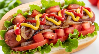 Primer plano de un hot dog vegetariano en pan, relleno de salchicha vegetal, lechuga, tomate picado, cebolla caramelizada, mostaza amarilla y ketchup rojo.