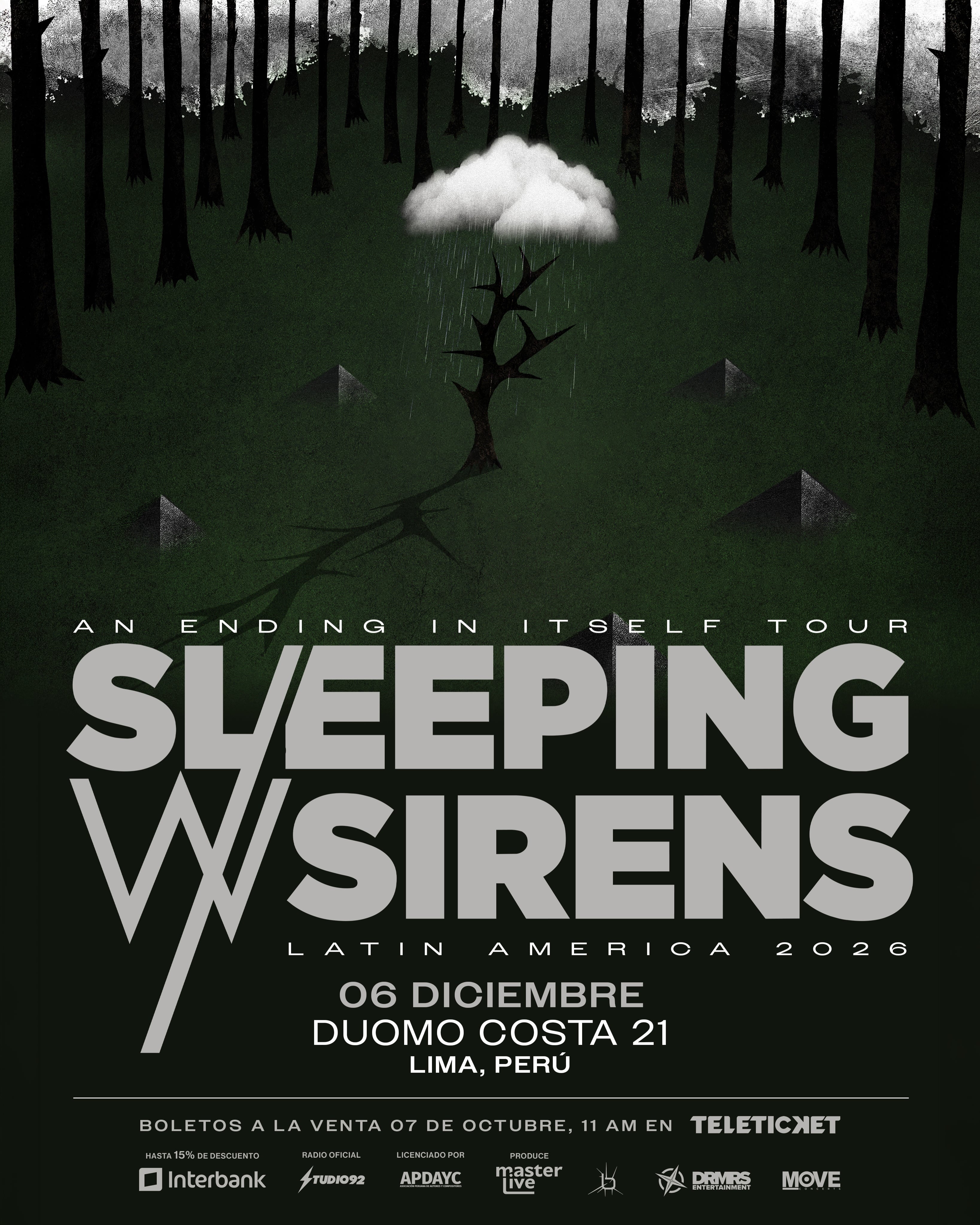 Un cartel promocional anuncia la presentación de la banda estadounidense Sleeping With Sirens el 6 de diciembre en el recinto Duomo Costa 21 de Lima.