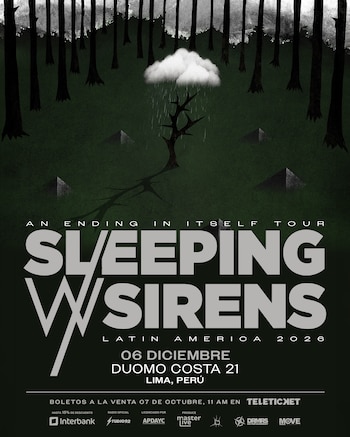 Cartel promocional del concierto de Sleeping With Sirens en Lima con texto informativo sobre la fecha y una ilustración de un bosque oscuro