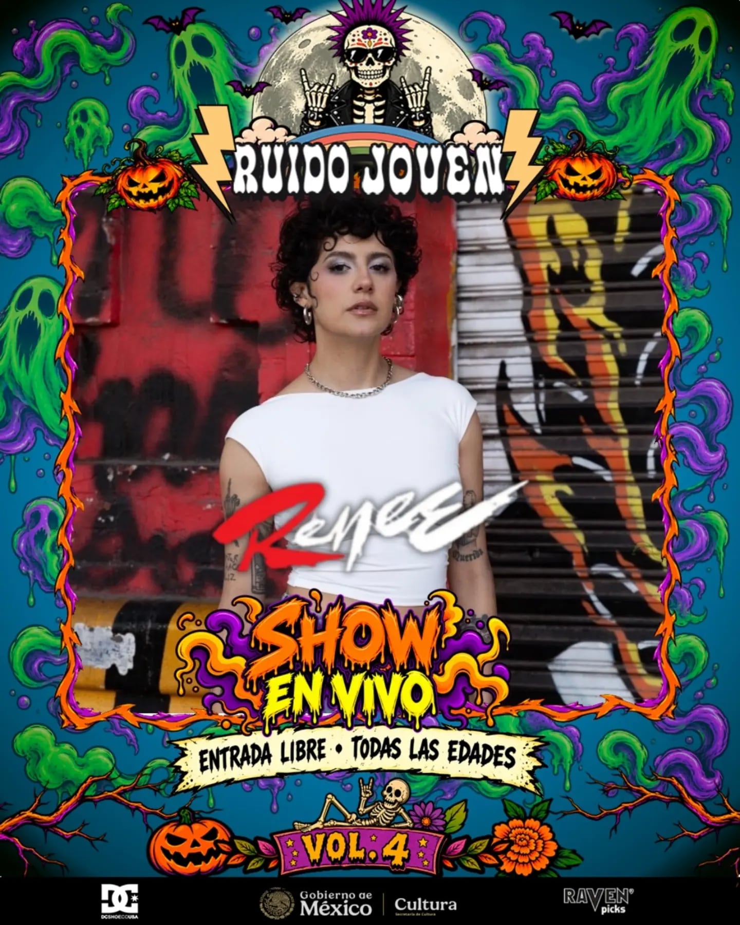 El cartel del evento Ruido Joven Vol. 4 anuncia un concierto en vivo de la cantante Renee en el Parque de Cultura Urbana de Chapultepec. (Ruido Joven vol 4 Secretaría de Cultura)