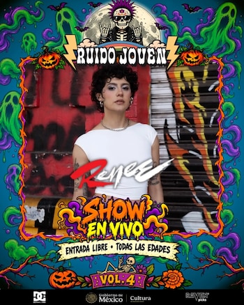 Cartel promocional con una foto de la cantante Renee, el texto Ruido Joven Vol. 4 y un marco ilustrado con calaveras y calabazas