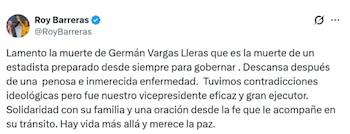 Roy Barreras destacó en X la trayectoria de Germán Vargas Lleras y envió un mensaje de solidaridad a su familia - crédito @RoyBarreras/ X