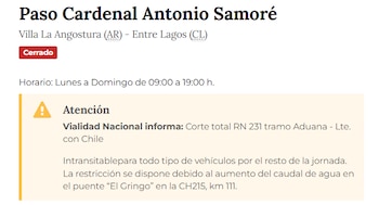 El aumento del caudal de agua en el puente El Gringo dejó intransitable el cruce fronterizo entre Argentina y Chile