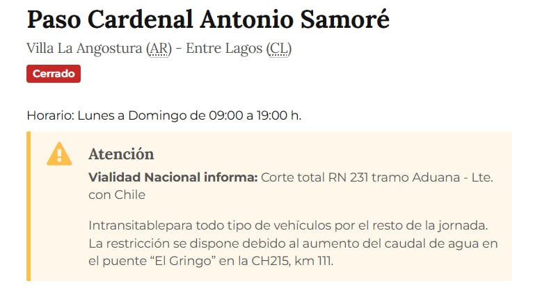 El aumento del caudal de agua en el puente El Gringo dejó intransitable el cruce fronterizo entre Argentina y Chile