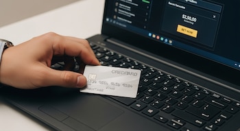 Detalle de una mano colocando una tarjeta de crédito blanca con chip sobre un teclado negro de laptop, cuya pantalla muestra una plataforma de apuestas online.
