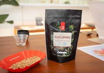 Una bolsa de café "Café de Tucumán" en color negro con una etiqueta de diseño, junto a una bandeja roja llena de granos de café sin tostar sobre una mesa de madera