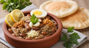 Bol de barro con habas, aceite, ajo, comino, rodajas de limón, huevo duro, perejil fresco. Al lado, pan pita en mesa de madera rústica.