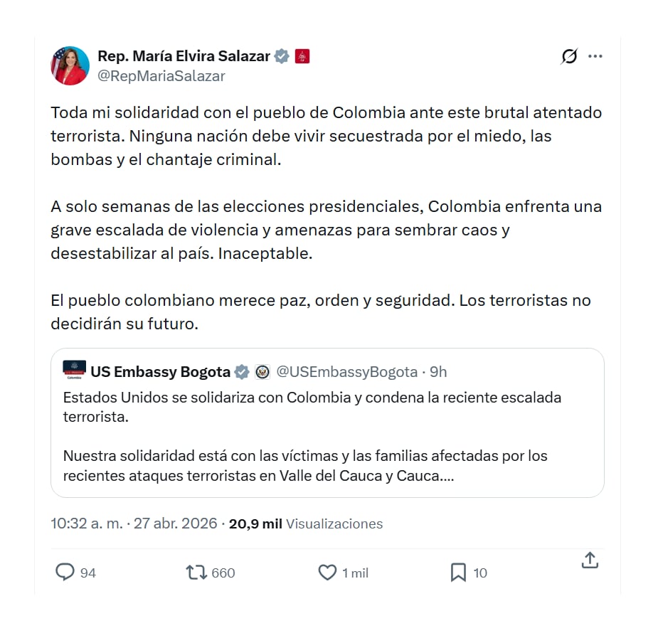 Con este mensaje en las redes sociales, la representante María Elvira Salazar expresó su concepto sobre ataques en Cauca y Valle del Cauca - crédito @RepMariaSalazar/X