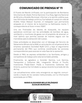 Tras 103 horas de operación, los organismos de emergencia hallaron sin vida a Andrés Felipe Malaver Guzmán, el trabajador que quedó atrapado en la mina de carbón La Gallinacera, en la vereda Pueblo Viejo de Cucunubá, Cundinamarca - crédito Bomberos Cundinamarca