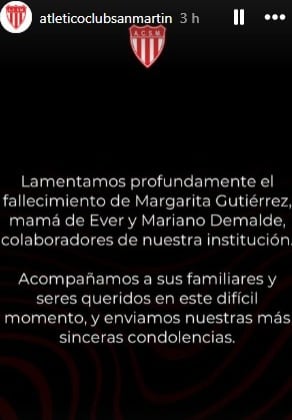 Margarita era la madre de Ever Demaldé, quien trabajó en el Atlético Club San Martín (@atleticoclubsanmartin)