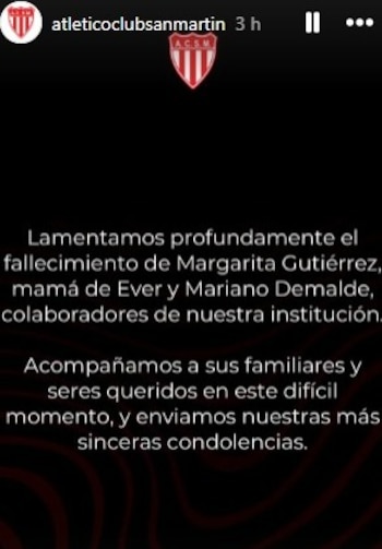 El mensaje del Club Atlético San Martín de Mendoza lamentando el fallecimiento de Margarita Gutiérrez