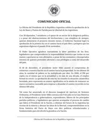 El comunicado de la Oficina