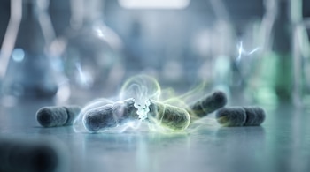 Varias bacterias alargadas, una central rota en dos partes con halos de luz que emergen de ella. Otras bacterias intactas alrededor. Fondo desenfocado de laboratorio.