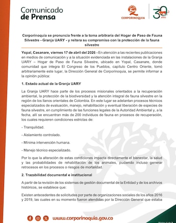 Corporinoquia denunció tala de árboles y la imposibilidad de brindar valoración médica a nuevos ejemplares tras la toma del predio - crédito Corporinoquia