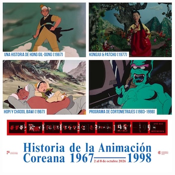 Cartel con cuatro cuadros de películas animadas coreanas y detalles sobre un ciclo de cine del 2 al 8 de octubre de 2026