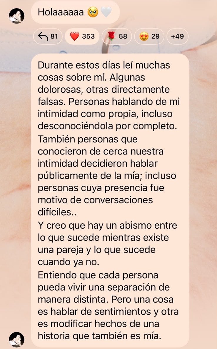 “Una cosa es hablar de sentimientos y otra es modificar hechos de una historia que también es mía”, señaló La Joaqui desde su canal de difusión de Instagram