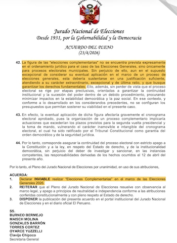 Acuerdo del JNE que rechaza elecciones complementarias