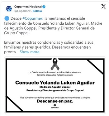 La Coparmex lamentó el fallecimiento