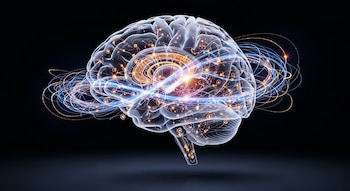 Render 3D semi-transparente de un cerebro humano con secciones iluminadas por destellos eléctricos internos y ondas de luz azul y naranja.