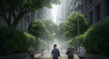 Vista frontal de una calle angosta con edificios altos y árboles frondosos en ambos lados. Varias personas caminan por el camino cubierto de neblina ligera.