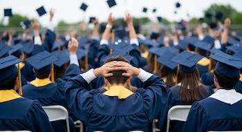 Vista trasera de un estudiante graduado con toga azul y cuello amarillo, con las manos en la cabeza. Otros graduados lanzan birretes al aire en una ceremonia.