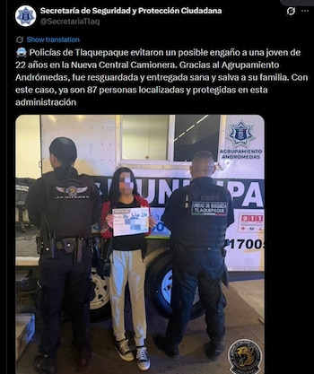 Policías de Tlaquepaque evitaron que una joven acudiera a una presunta entrevista laboral relacionada con una falsa oferta de empleo. (X @SecretaríaTlaq)