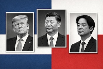 Collage con tres retratos en blanco y negro de Donald Trump, Xi Jinping y William Lai, enmarcados en blanco, sobre un fondo dividido en azul, blanco y rojo.
