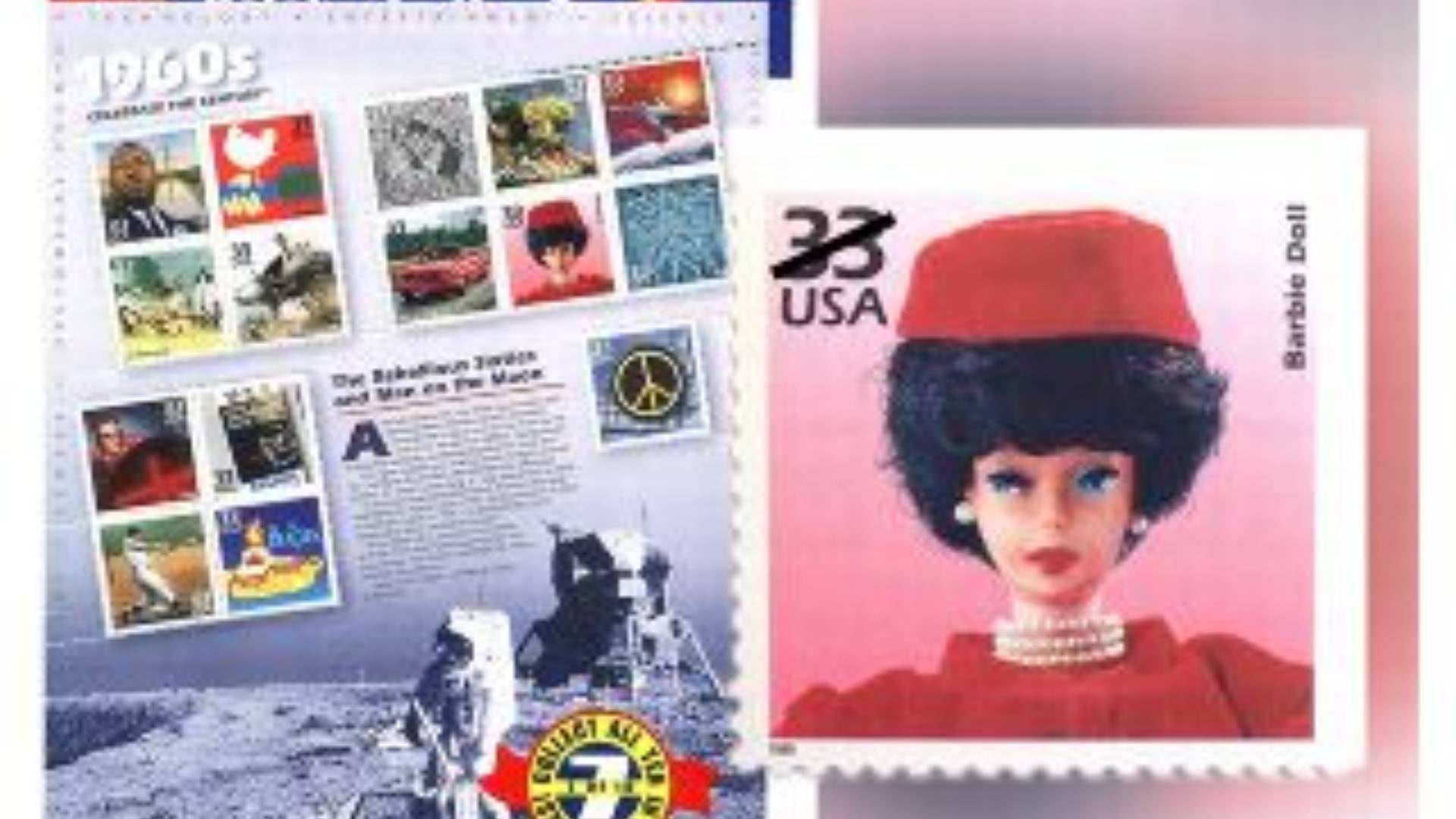 Una colección de sellos postales de Estados Unidos celebra la década de 1960, con un sello de 33 centavos que ilustra a una muñeca Barbie (USPS)